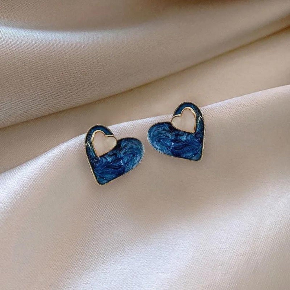 Heart Stud Earrings Women OS Blue Gold Marbled Enamel Double Layered Chic Work